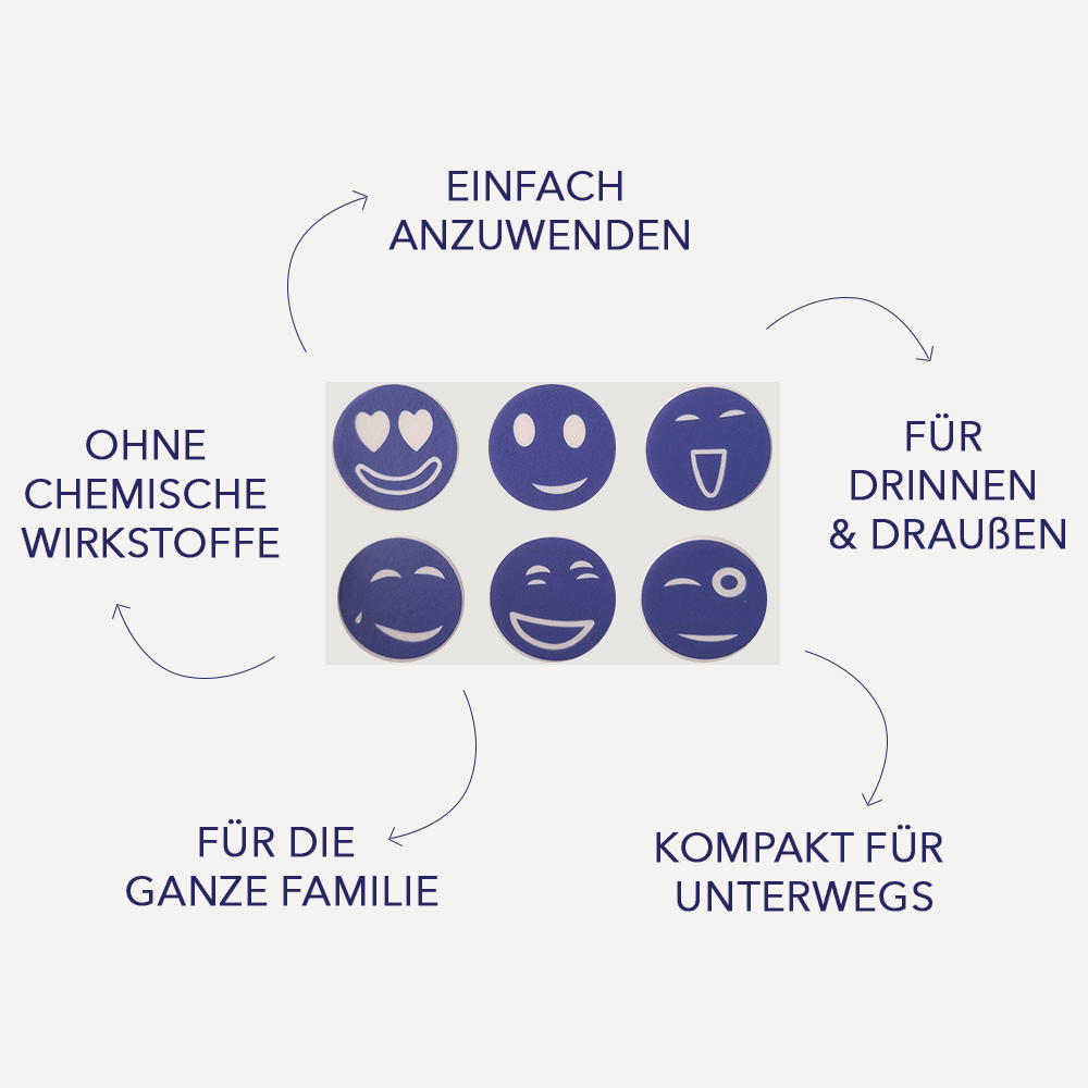 Sechs blaue Smiley-Mückenpflaster mit Hinweisen wie für drinnen und draußen sowie für die ganze Familie.