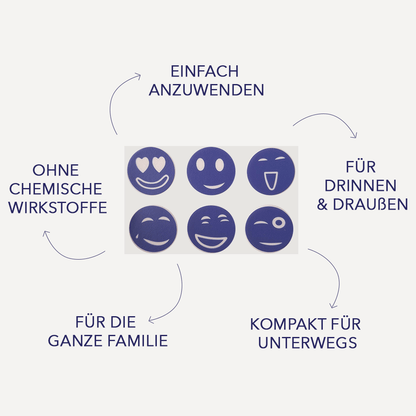 Sechs blaue Smiley-Mückenpflaster mit Hinweisen wie für drinnen und draußen sowie für die ganze Familie.