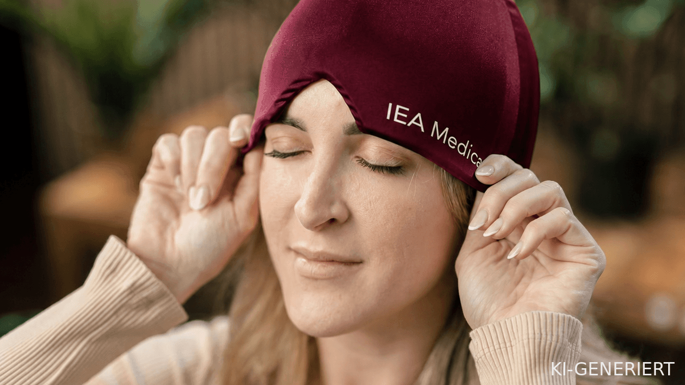 Person setzt IEA Medical Migränemaske auf und entspannt mit geschlossenen Augen.