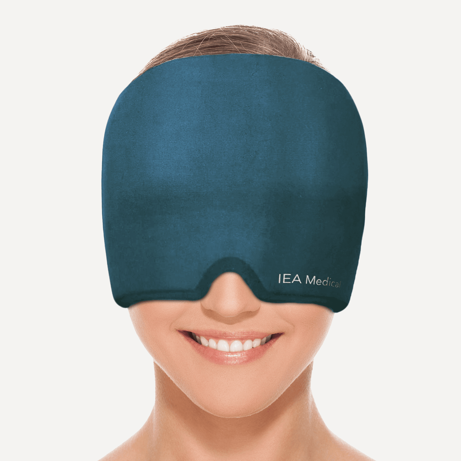 Blaue Migränemaske von IEA Medical, Produktfoto freigestellt; breite Augen-/Stirn-Abdeckung.