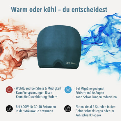 Petrolfarbene Gel-Kopfmaske zwischen warmem und kühlem Nebel, mit Hinweisen zu Mikrowelle und Gefrierschrank.