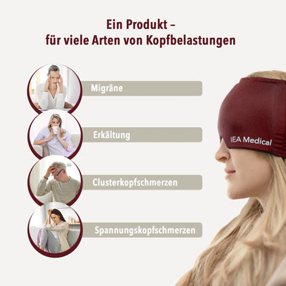 Frau im Profil mit bordeauxroter Kopfmaske, vier Bilder zu Migräne, Erkältung, Cluster- und Spannungskopfschmerzen.