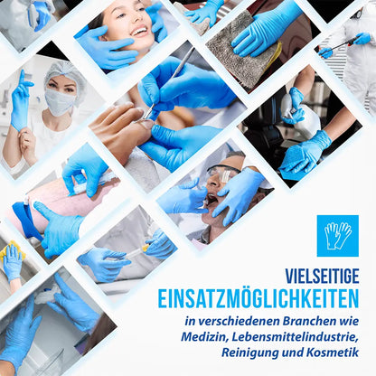 Collage mit blau behandschuhten Händen bei Anwendungen in Medizin, Kosmetik, Reinigung und Pflege.