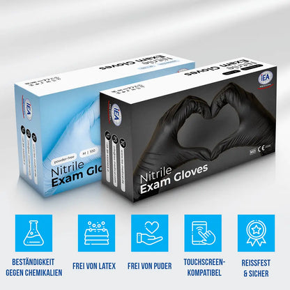 Blaue und schwarze Box Nitrile Exam Gloves von IEA Medical mit fünf Eigenschafts-Symbolen darunter.