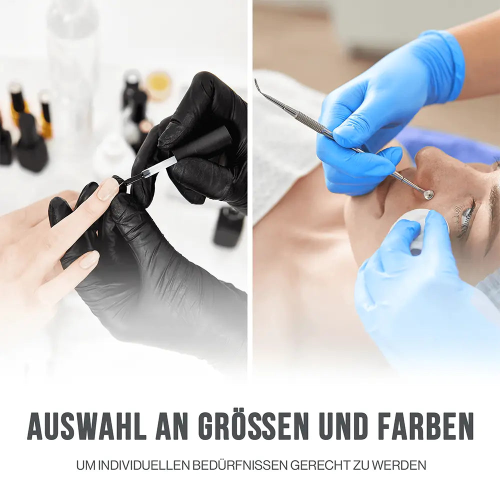 Geteiltes Bild: schwarze Handschuhe bei Maniküre, blaue bei Kosmetik, Text Auswahl an Größen und Farben.