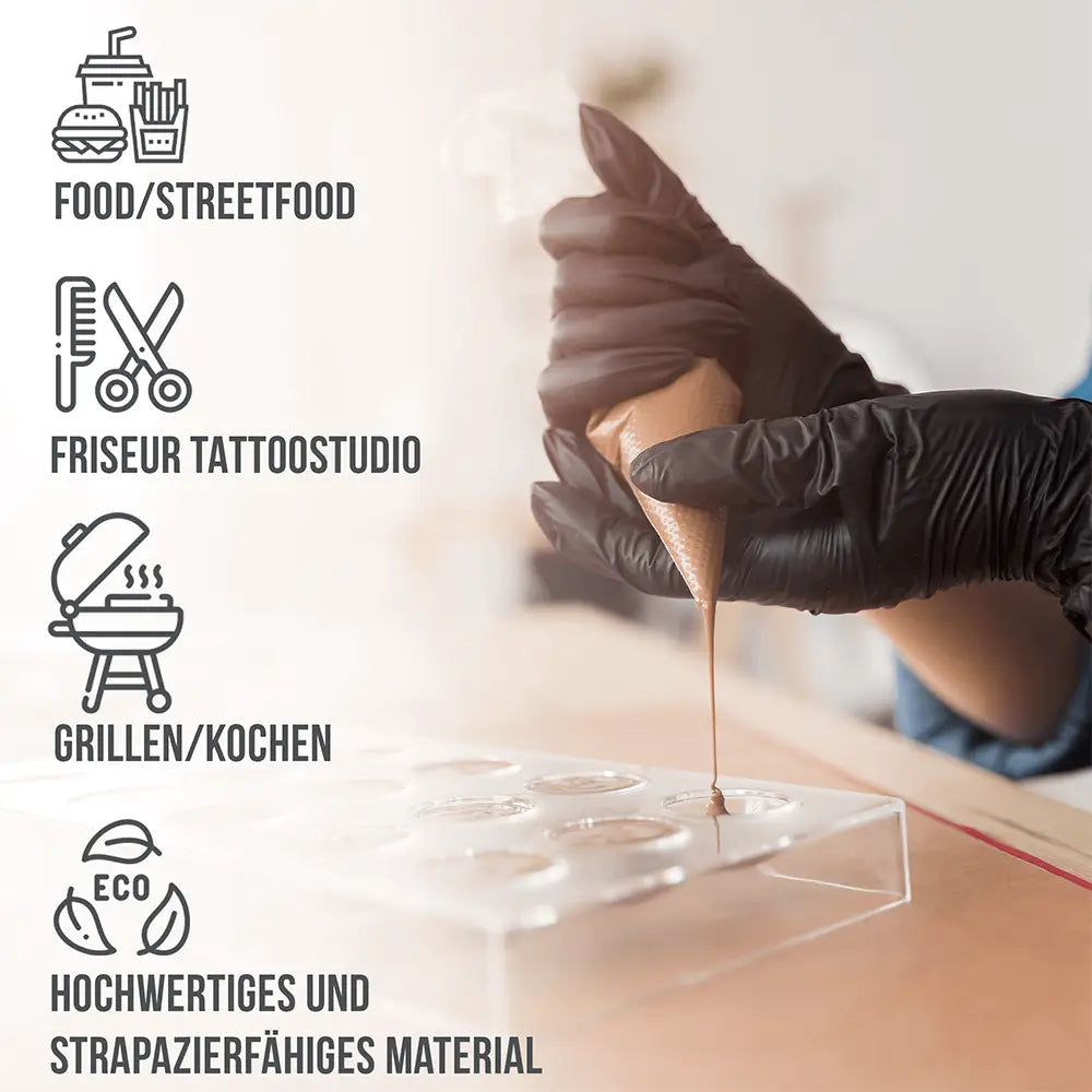 Schwarz behandschuhte Hand spritzt Schokolade, Symbole für Food, Friseur, Tattoo und Grillen, strapazierfähiges Material.