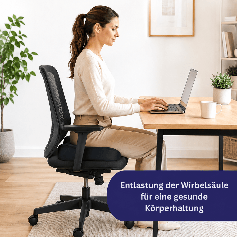 Frau sitzt am Schreibtisch mit Laptop auf Bürostuhl mit schwarzem Sitzkissen, Text Entlastung der Wirbelsäule.
