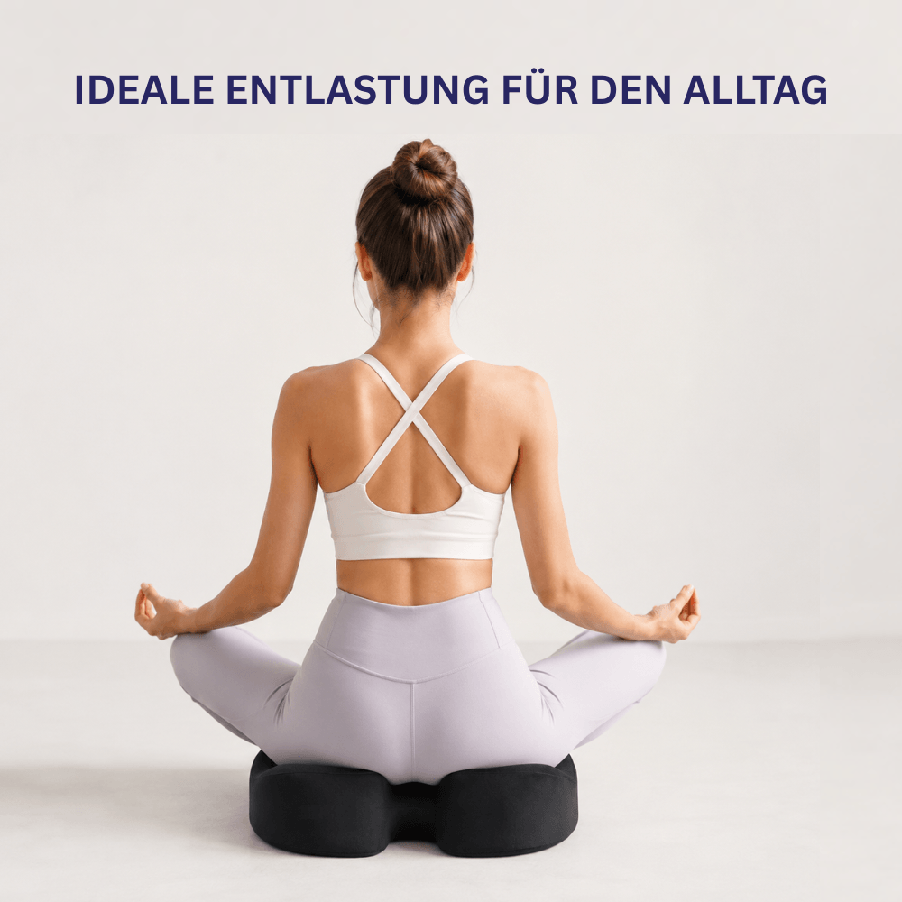 Frau sitzt im Schneidersitz auf schwarzem Sitzkissen am Boden, von hinten, Text Ideale Entlastung für den Alltag.
