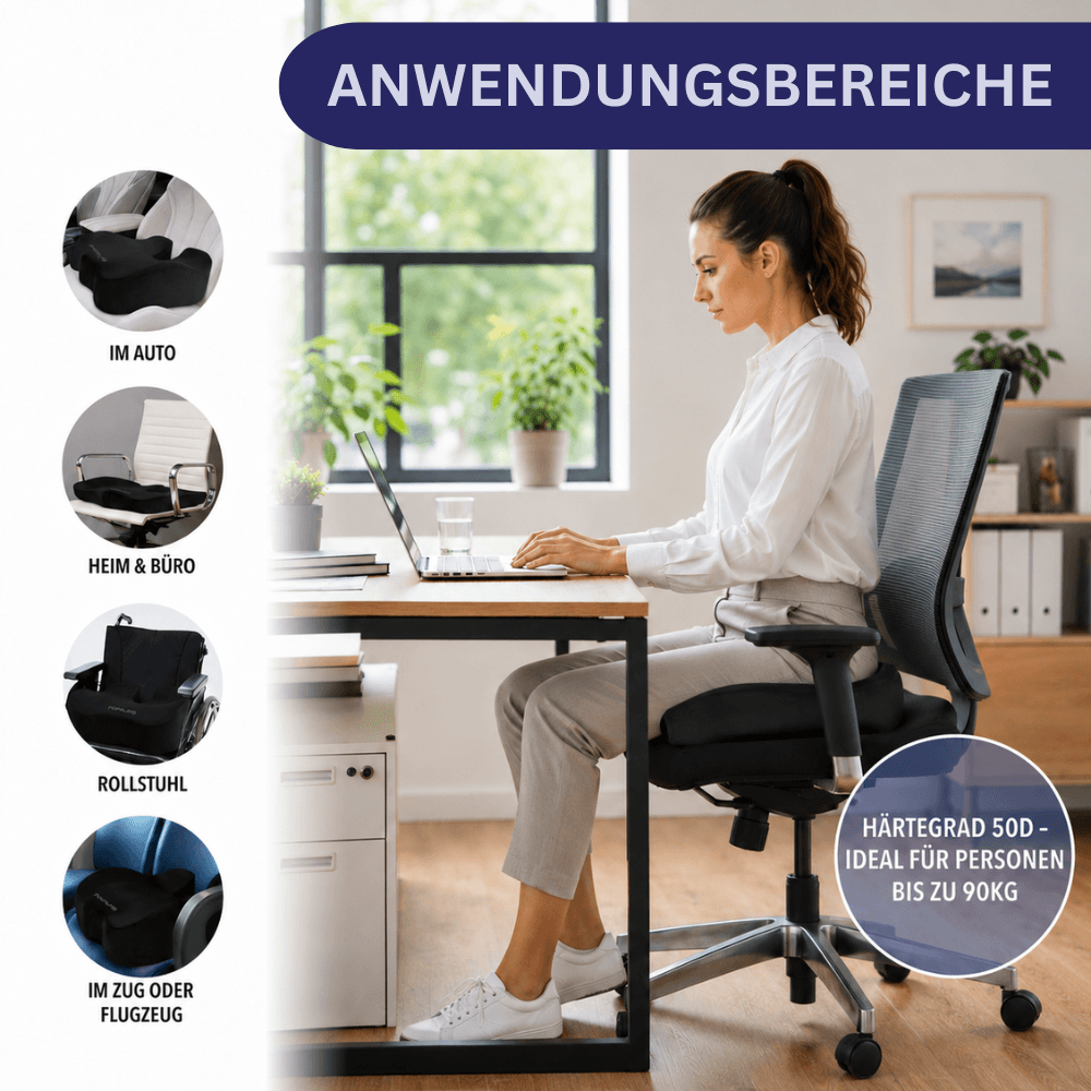 Frau am Schreibtisch auf Bürostuhl mit Kissen, Anwendungsbereiche Auto, Büro, Rollstuhl und Zug, Härtegrad 50D.