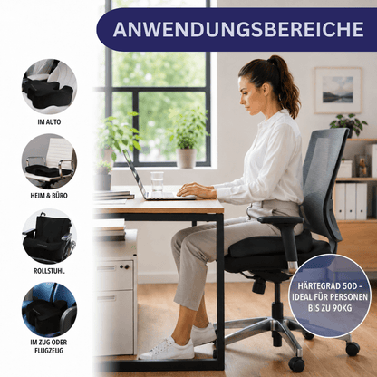 Frau am Schreibtisch auf Bürostuhl mit Kissen, Anwendungsbereiche Auto, Büro, Rollstuhl und Zug, Härtegrad 50D.