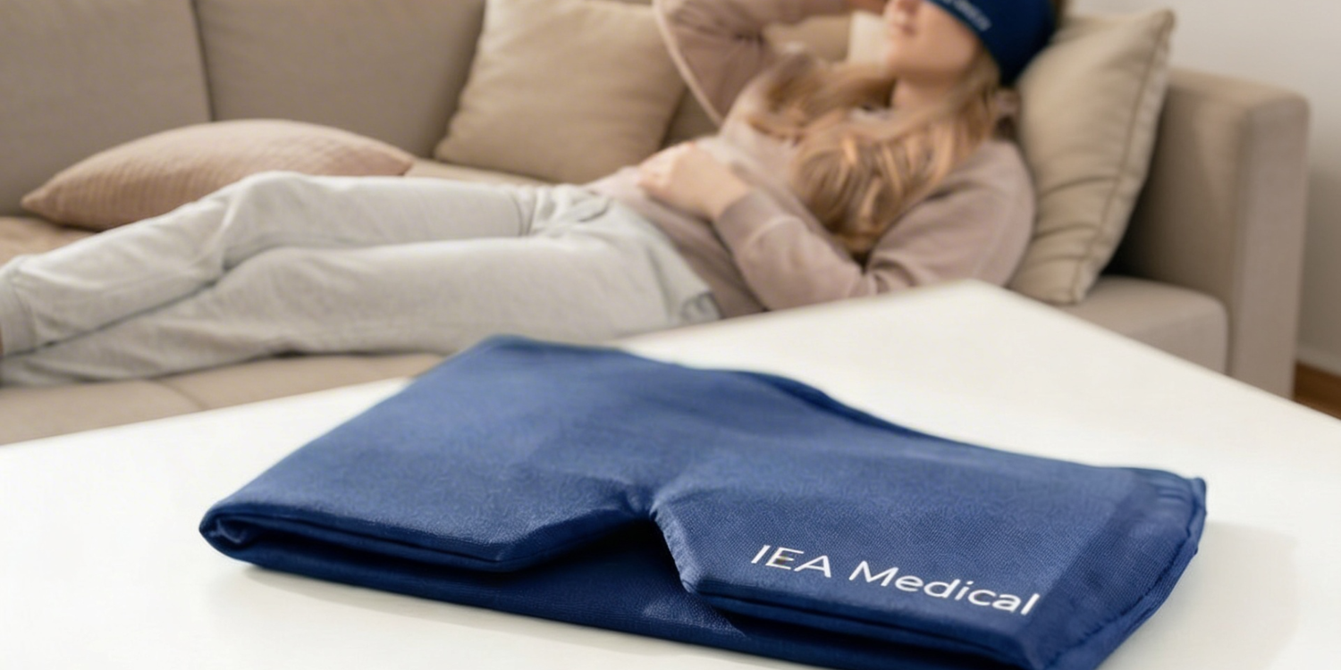 Die Migränemaske von IEA Medical liegt auf einem Tisch, im Hintergrund liegt eine Frau mit einer weiteren Migränemaske auf dem Kopf