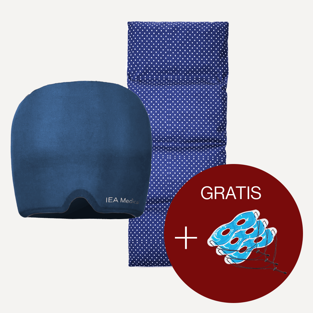Produktbundle: blaue Maske (IEA Medical) und blaues Körnerkissen/Heatpad; roter Kreis „Gratis“ mit zusätzlicher Zugabe – Aussage: Bundle mit Gratis-Extra.
