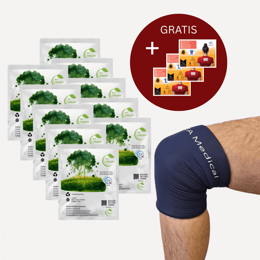 Bundle-Übersicht: mehrere IEA Green Sofort-Kältekompressen, Kühlmanschette am Knie; roter Kreis „Gratis“ mit Wärmepflaster-Motiven – Aussage: Set inkl. Gratis-Zugabe.