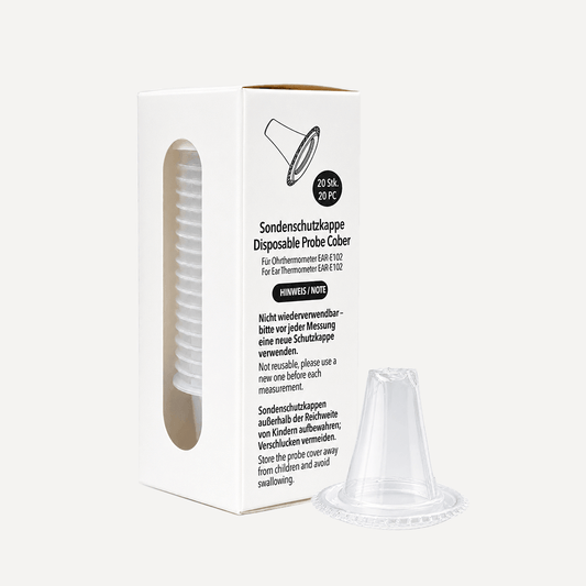 Weiße Verpackung mit 20 Sondenschutzkappen für Ohrthermometer EAR-E102 und eine einzelne transparente Schutzkappe.