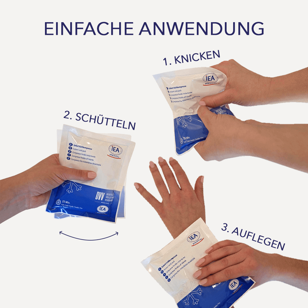 Infografik „Einfache Anwendung“: Schrittfolge 1) knicken, 2) schütteln, 3) auflegen; zeigt die Aktivierung der Sofort-Kältekompresse.