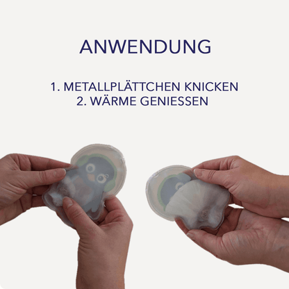 Infografik „Anwendung“: Taschenwärmer aktivieren durch „Metallplättchen knicken“, danach „Wärme genießen“.