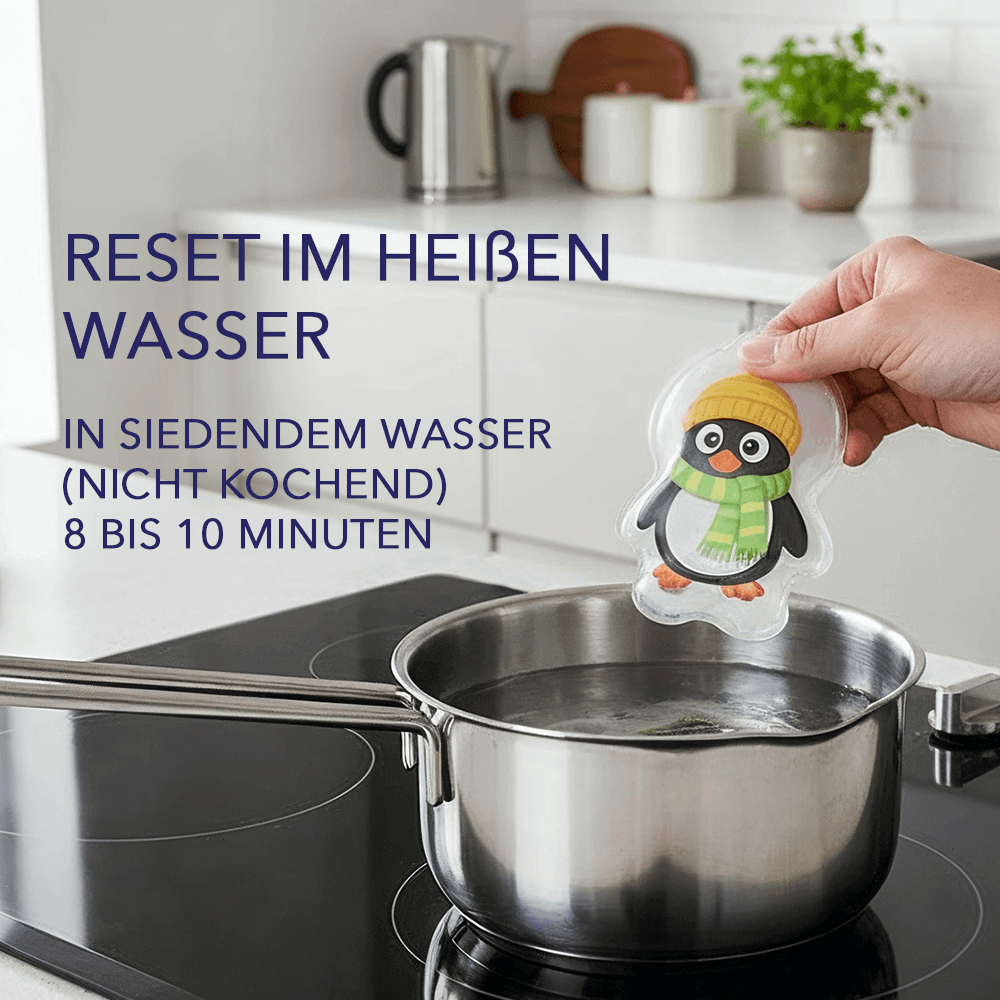 Infografik „Reset im heißen Wasser“: Taschenwärmer im Topf bei siedendem Wasser (nicht kochend), 8–10 Minuten – Aussage: wiederverwendbar durch Zurücksetzen im Wasserbad.