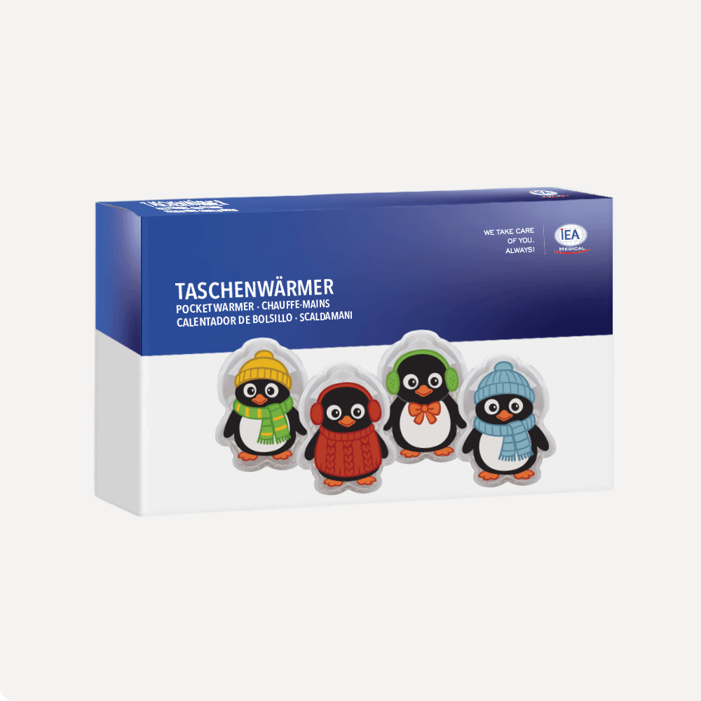 Produktverpackung „Taschenwärmer“ mit Abbildung der vier Pinguin-Motive (4er-Set).