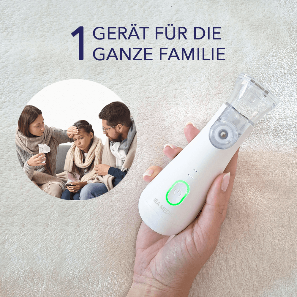 Hand hält weißen Inhalator mit grünem Lichtring; Text „1 Gerät für die ganze Familie“ mit Familienfoto.