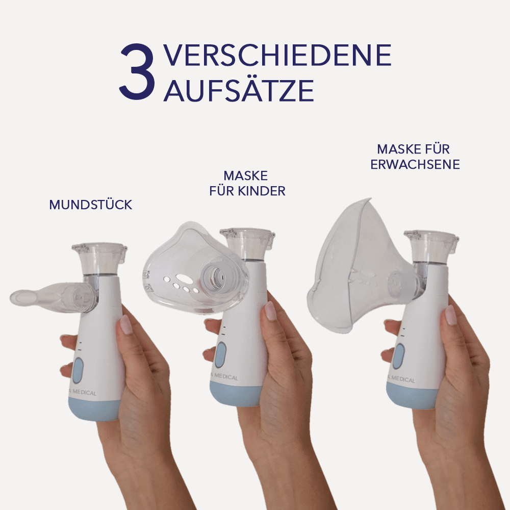 Drei Hände halten Inhalatoren mit den Aufsätzen Mundstück, Maske für Kinder und Maske für Erwachsene.