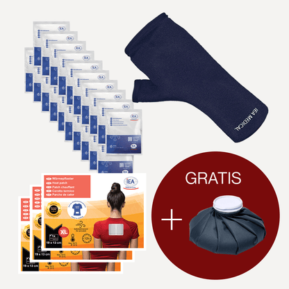 Set-/Bundle-Grafik: mehrere Packungen Wärmepflaster und Sofort Kaltkompressen; rechts blauer Handmanschette; roter Kreis „Gratis“ mit Wärmflasche – Aussage: Bundle mit Gratis-Wärmflasche und zusätzlicher Bandage/Schlauchverband.