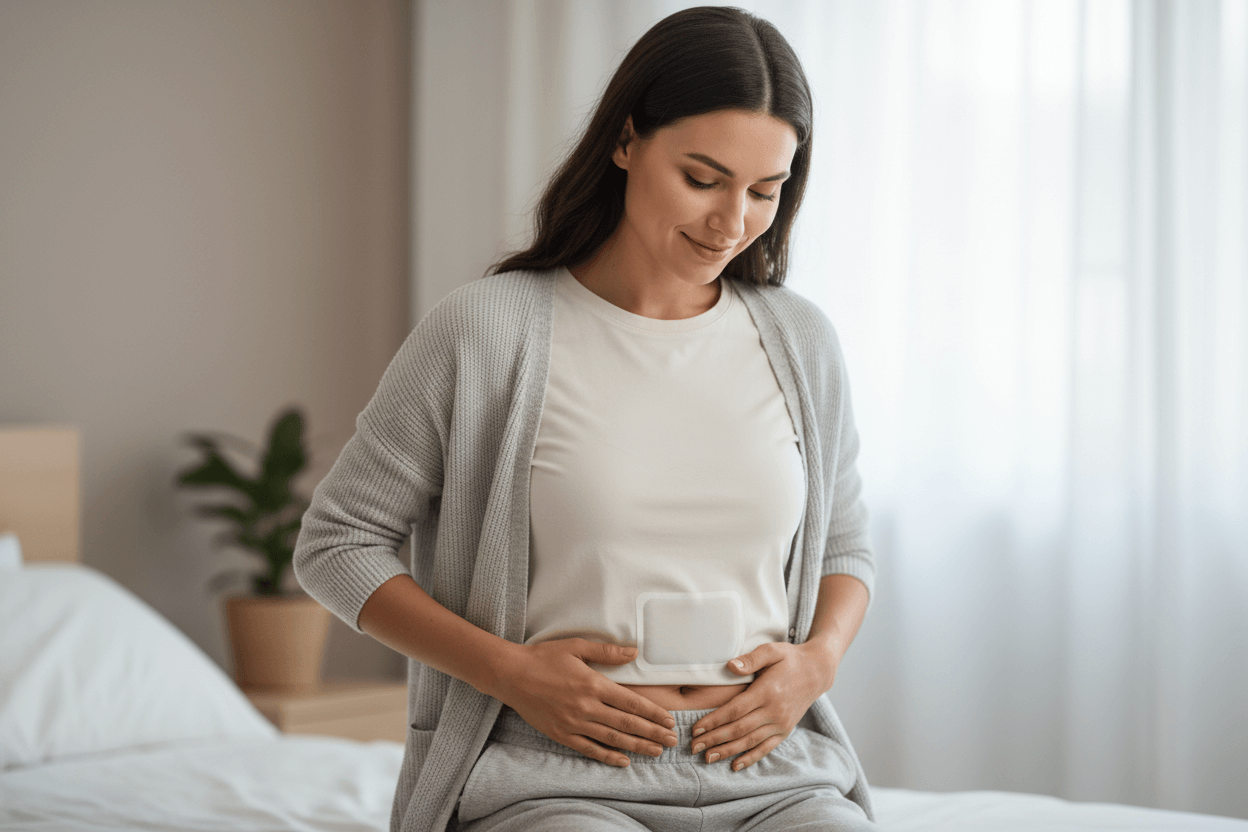Frau sitzt auf dem Bett und hat ein Wärmepflaster auf dem Bauch kleben. Mit beiden Händen hält Sie sich sanft den Bauch.