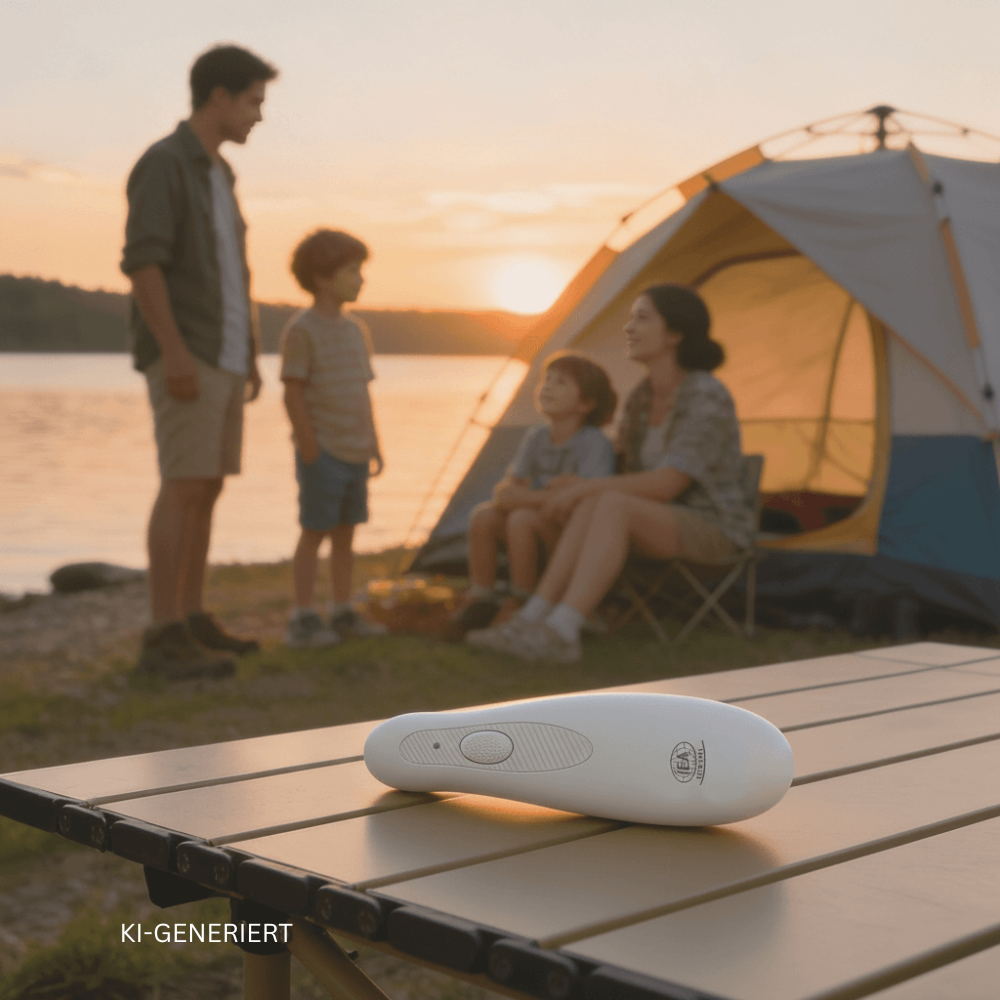 Der Insektenstichheiler von IEA Medical liegt auf einem Campingtisch. Im Hintergrund ist eine Familie die an einem See vor einem Zelt steht.