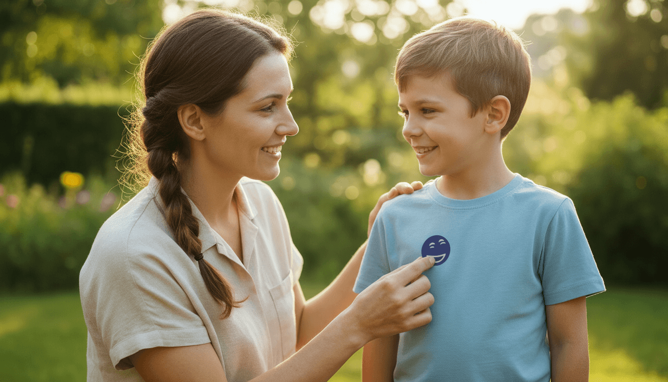 Eine Frau befestigt einem lächelnden Jungen im blauen T-Shirt ein Mückenpflaster, während sie sich in einem sonnigen Garten ansehen.