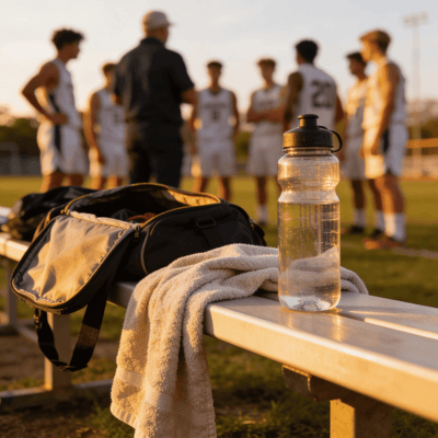 Sporttasche, Handtuch und Trinkflasche im Vordergrund, Team und Trainer unscharf im Hintergrund am Spielfeldrand