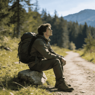 Wanderer mit großem Rucksack macht eine Pause auf einem Naturweg, Berge und Bäume im Hintergrund