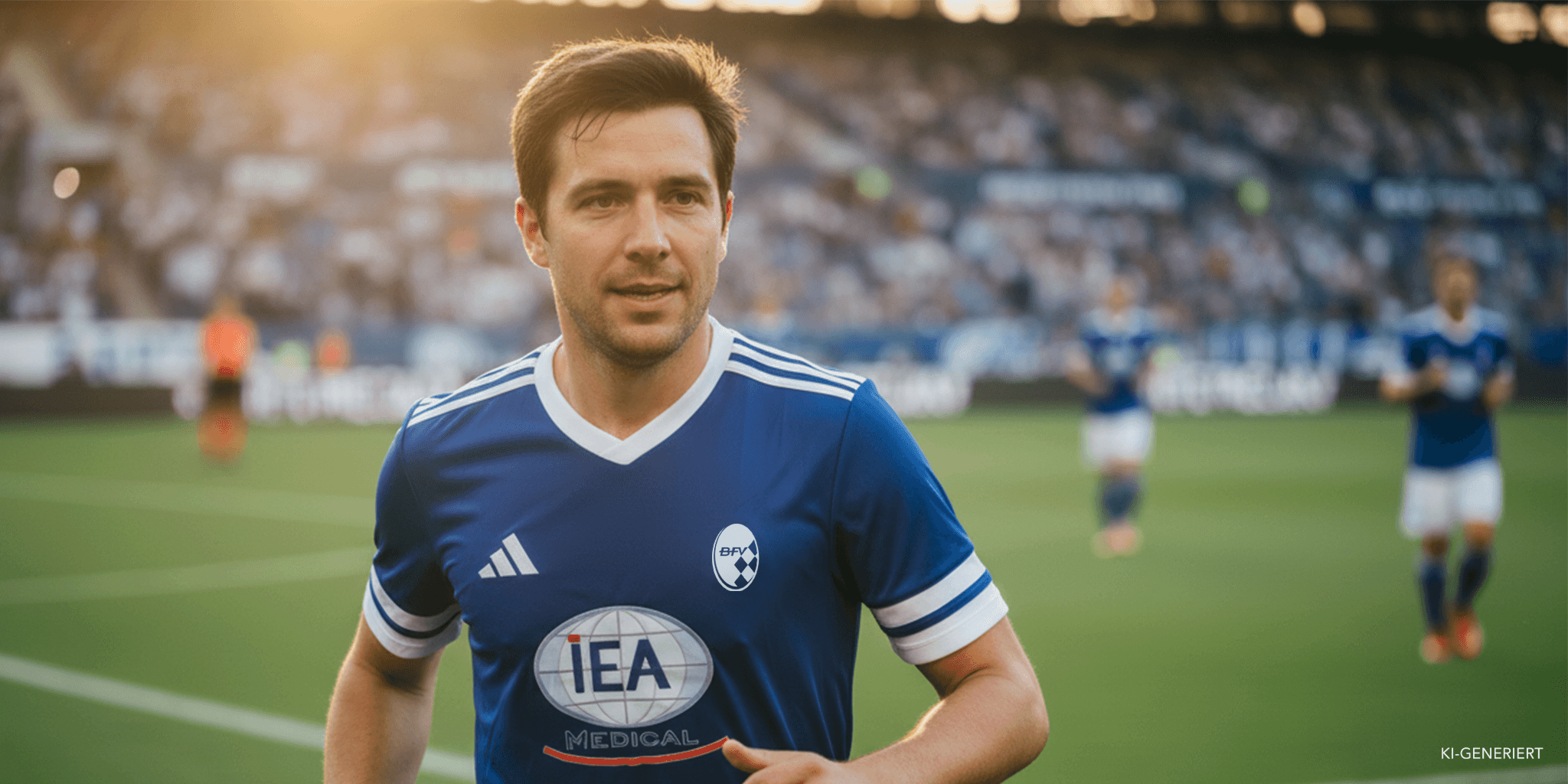 Fußballspieler im blauen Trikot mit IEA Medical Logo auf der Brust in einem Stadion, im Hintergrund Zuschauer.