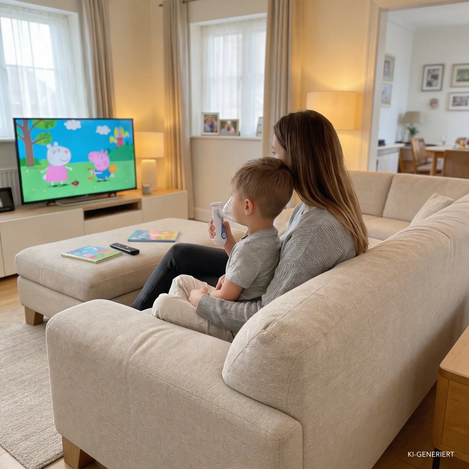 Mutter sitzt mit ihrem Kind auf dem Sofa, das Kind inhaliert mit Maske und schaut eine Kindersendung im Fernseher.