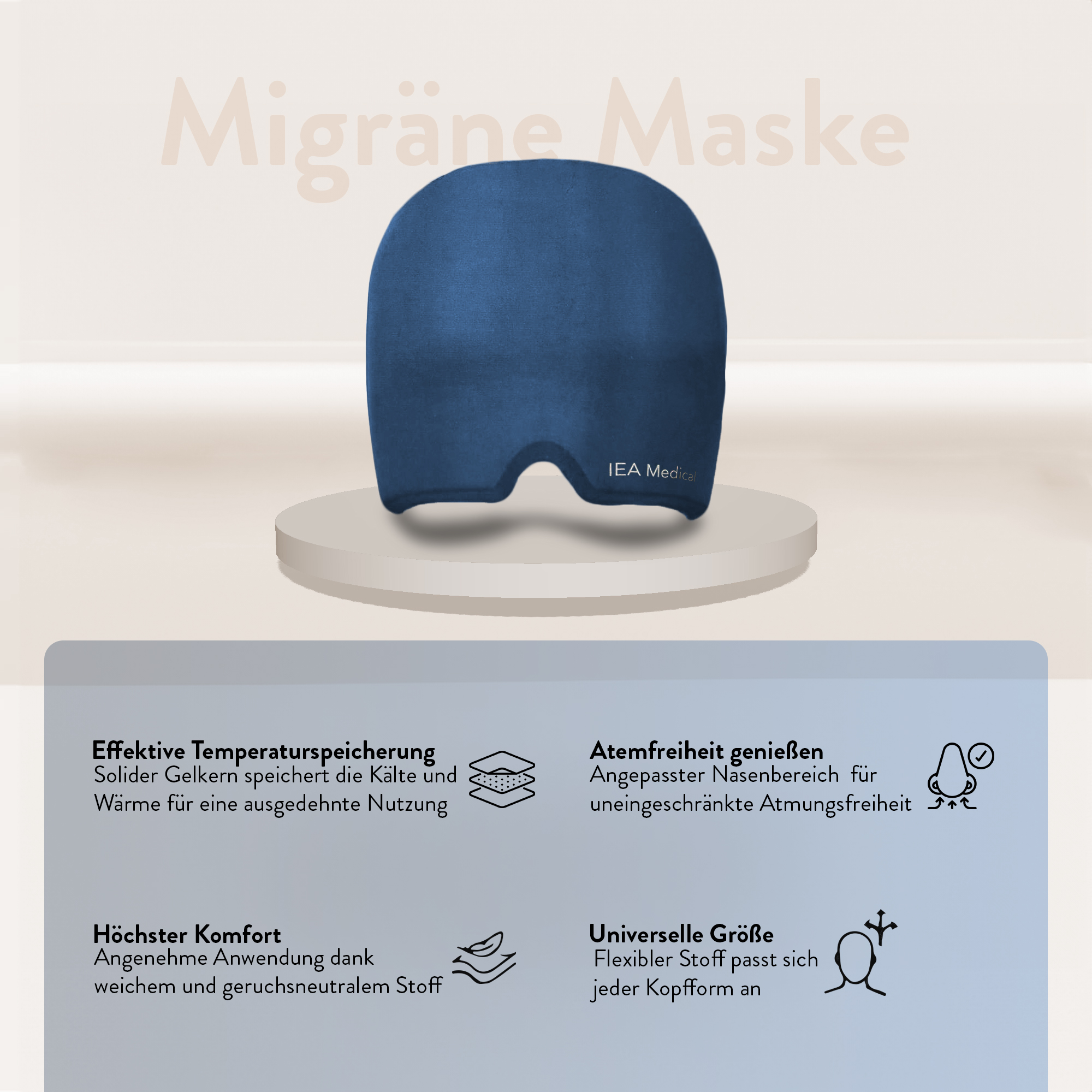 Migränemaske mit Infografik zu Eigenschaften wie Material, Größe und Komfort