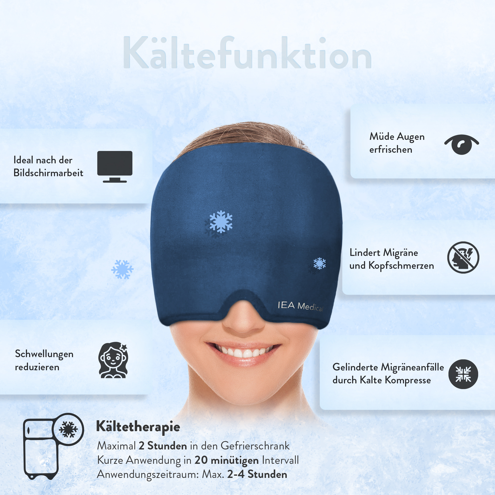 Migränemaske mit Visualisierung der Kältefunktion zur gezielten Kopfschmerzbehandlung